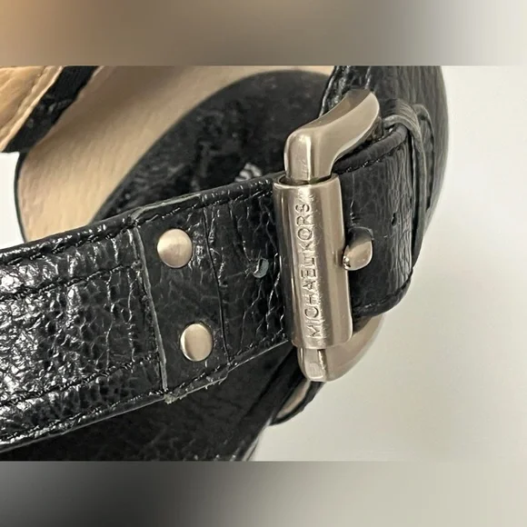 Michael Kors Black Leather Brushed Nickel Studded Buckle Platform Heels 7.5M - Picture 10 of 13